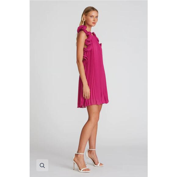Amur Mimi Mini Dress Pleated Pink Magenta Peacock Chiffon Halter Ruffles 12 - Picture 6 of 15